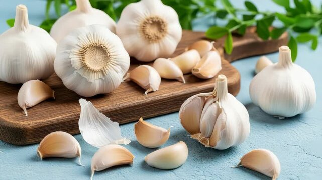 Fresh garlic bulbs and cloves on wooden cutting board