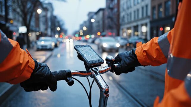 Courier checks navigation on smartphone in city rain. Delivery worker uses phone map for route. Courier follows navigation on smartphone screen. Delivery worker rides bike. Phone map guides delivery.
