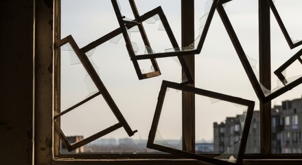 Fototapeta premium Broken Window Frames Against a Sky Background