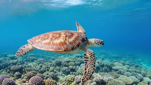 Sea turtle swimming over vibrant coral reef in clear blue ocean water