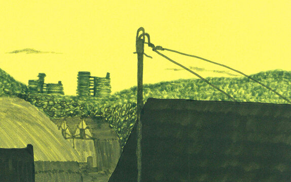 Black yellow stylized geometric landscape. Roofs among mountains. Relaxing atmosphere. Slow life. Cozy wallpaper. Cityscape on a yellow background. Handmade acrylic illustration.