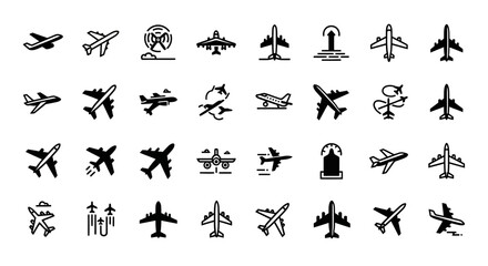 A comprehensive collection of diverse airplane icons, showcasing various aircraft designs and aviation symbols. © Zara