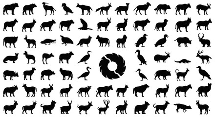 A comprehensive collection of diverse animal silhouettes, showcasing a wide variety of species in profile view. © Zara