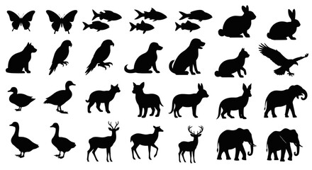 Fototapeta premium A collection of black silhouettes of various animals, including butterflies, fish, rabbits, cats, birds of prey, dogs, ducks, deer, and elephants.