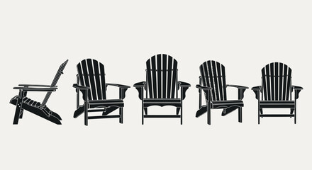 Fototapeta premium A collection of five black Adirondack chairs displayed in a row against a plain background, with one chair shown in profile.