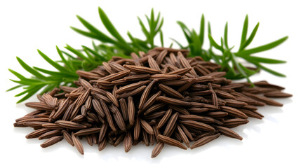 Closeup of cumin seeds with green leaves on white background