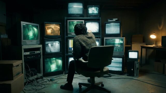 Rear view of man watching wall of retro tv screens in dark basement. Person sitting in front of stacked old monitors with static noise. Surveillance and dystopia concept