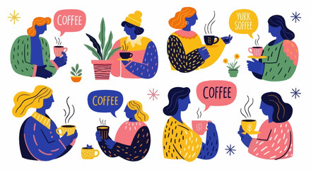 Fototapeta premium A collection of diverse women enjoying hot beverages, with speech bubbles indicating 'coffee' and 'pure coffee'.