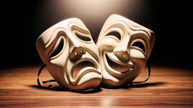 Tragic and comic theater masks on wooden stage under spotlight