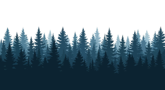 A dense, dark blue forest of evergreen trees stretches across the frame under a white sky.
