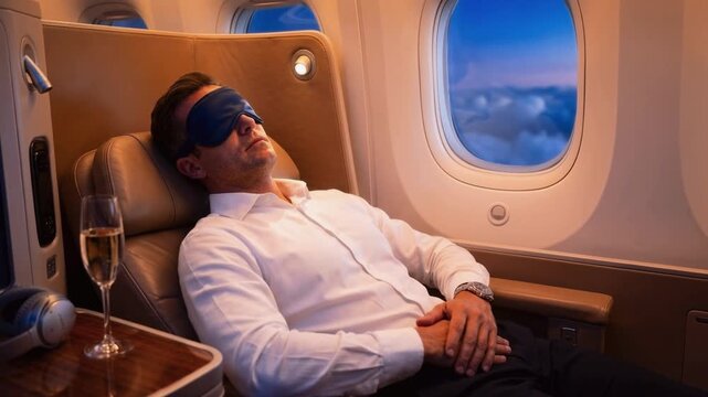 Man sleeping in business class seat with eye mask during flight. Passenger resting in luxury airplane cabin near window with clouds and champagne. First class travel concept