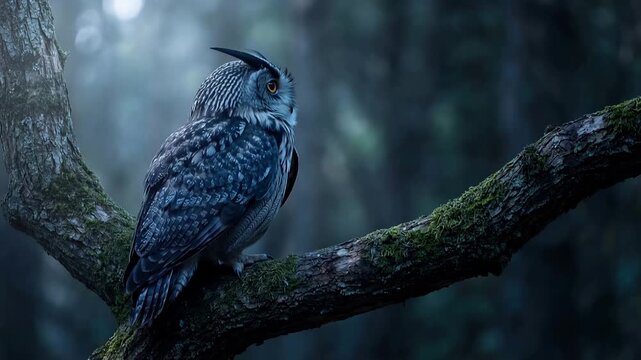 Night Owl Perched on Mossy Tree Branch in Dark Forest, Mysterious Wildlife Scene with Moonlight, Blue Tones and Soft Background. Video