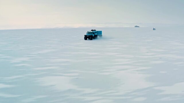 Aerial high-angle view of frozen Lake Baikal, Russia, snowy natural scenery with hovercraft on ice, panoramic winter landscape, adventure travel, clear daylight, February 2025