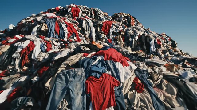 Textile waste mountain showcases environmental impact. Pile of discarded clothes highlights textile pollution and consumer habits. Clear blue sky reflects urgent need for recycling.