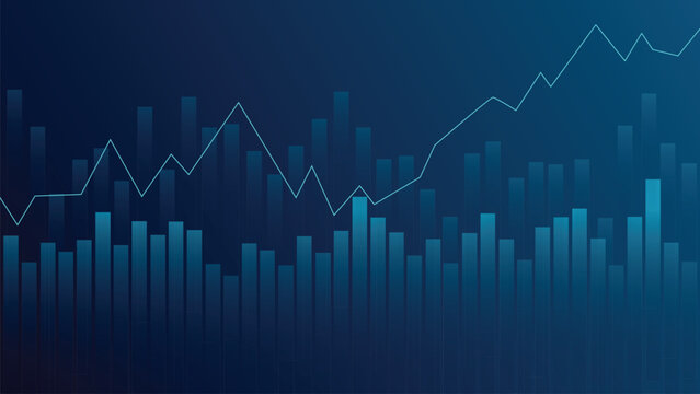 Abstract financial graph with uptrend line arrow, bullish point and bar chart of stock market on blue color background