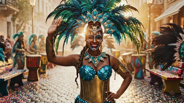 Happy woman in carnival costume dances at festival. This parade is a vibrant cultural celebration. Woman enjoys the street festival music. This carnival shows rich culture. Beautiful costume in parade
