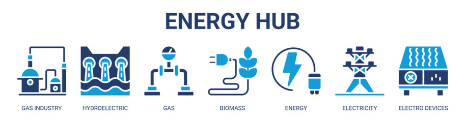 Obraz premium Energy Hub web banner icon vector illustration concept with icon of gas industry, hydroelectric, gas, biomass, energy, electricity, and electro devices.