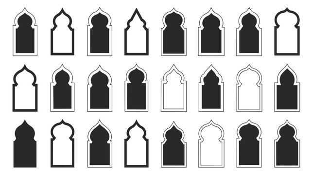 Islamic arch window frame silhouettes for mosque architecture and oriental interior design elements in black color