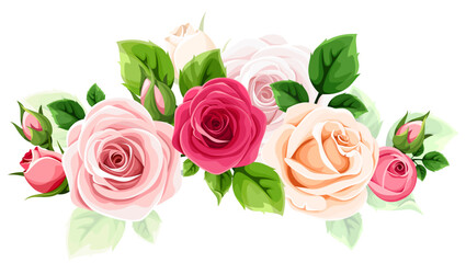 Roses. Red, pink, and white rose flowers and green leaves isolated on a white background. Vector illustration
