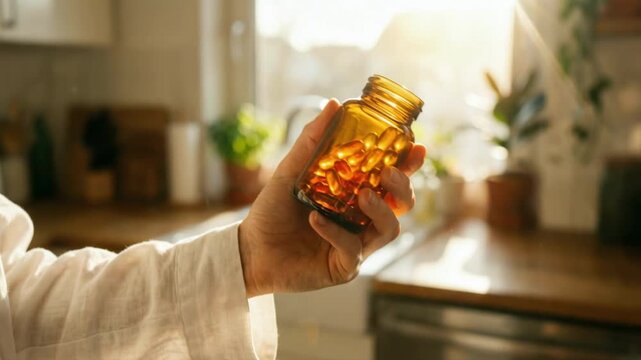 Close-up of female hand holding glass bottle with yellow vitamin capsules in sunlight. Person taking dietary supplements in kitchen. Healthcare and medicine production concept