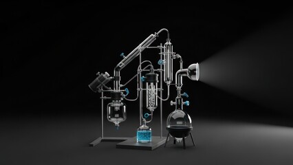 Complex laboratory apparatus with glassware and liquids on black background