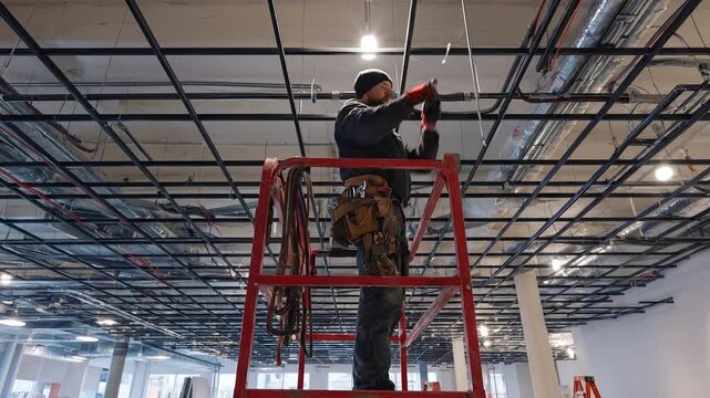A construction worker on a scissor lift installing lighting in a large commercial building video