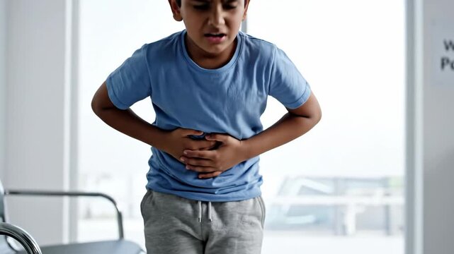 indian boy clutching his stomach in pain. pediatric patient suffering from abdominal ache or food poisoning in clinic. healthcare blog, medical concept