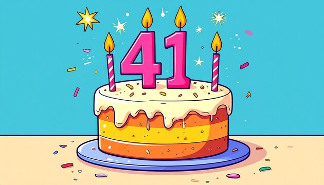 Cartoon birthday cake with number 41 candle. Illustration for birthday or anniversary celebration