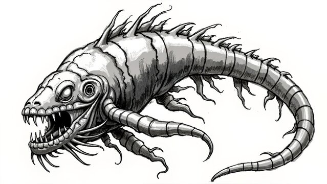 Long bearded bone fish eerie dark sketch close-up