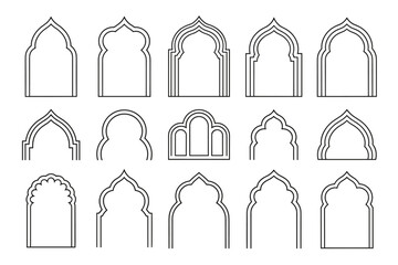 Set of 15 various arched windows isolated on white background, design element islamic style arch outline