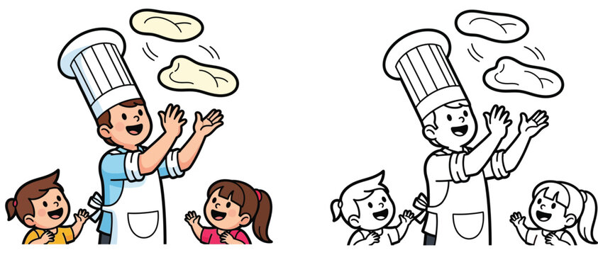 A joyful cartoon chef tossing pizza dough while children watch a vector illustration of a coloring book page in both black and white and color