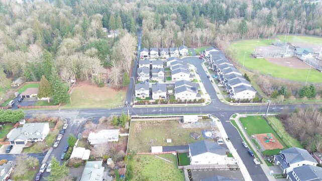 Neighborhood streets connect toward ballfields and playgrounds north of Panther Lake and SE 272nd St corridor linking Kent to Renton. Varied shingles, bright turf, tree shadows contrast, Kent, WA