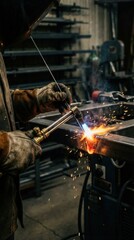 Welder in protective gloves and a jacket focuses on welding metal components with a torch, producing sparks and flames in a workshop filled with tools and equipment arranged in the background
