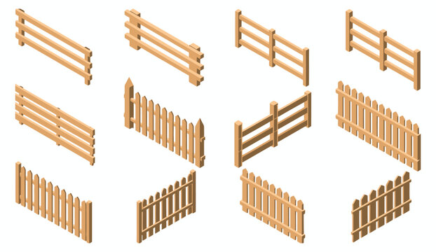 Isometric wooden fence and gate vectors, farm barriers, rural enclosures, countryside objects, brown vector illustrations for agriculture design.
