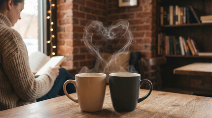 Cozy Room Scene with Coffee Mugs and Reading Person