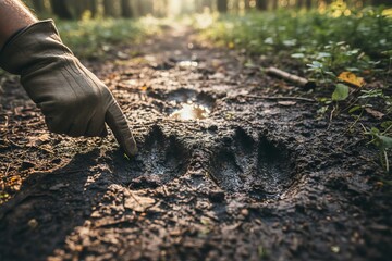 Tracking animal footprints in forest mud with gloved hand pointing.