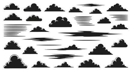 Collection of black cloud silhouettes with some featuring speed lines for motion effect. © Jimy