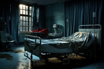 Derelict hospital room featuring an old bed, medical equipment, and stained floor