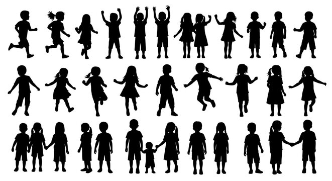 A collection of diverse silhouettes of children in various playful poses, illustrating childhood activities and energy.