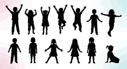 Silhouettes of diverse children in various playful poses, capturing the joy and energy of childhood.