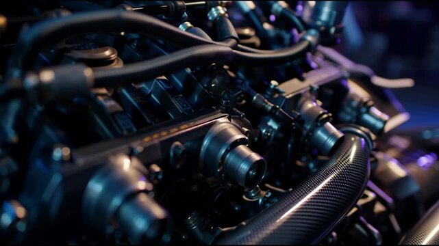 Close-Up View of Intricate Engine with Detailed Components, Lighting, and Reflective Surface in Industrial Setting