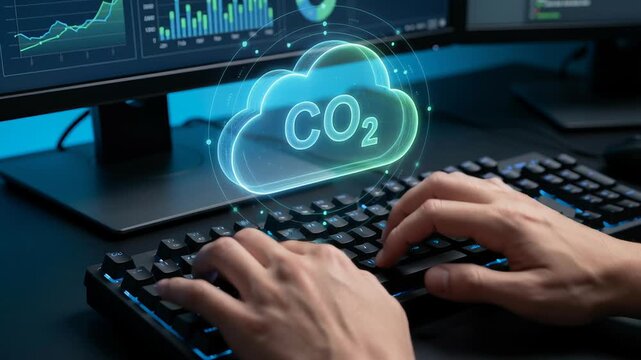 Carbon footprint data computer screen highlights emission reduction and climate responsibility with clean energy and sustainability efforts supporting emission control for sustainability digital
