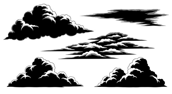 A collection of stylized black and white illustrations of various cloud formations, rendered with dramatic shading and sharp edges.