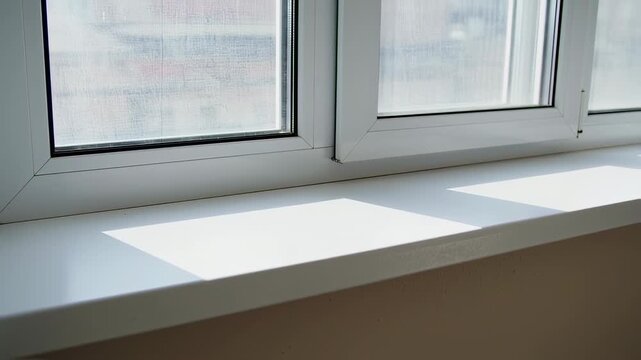 Sunlight filtering through a pristine white window frame, casting light shapes