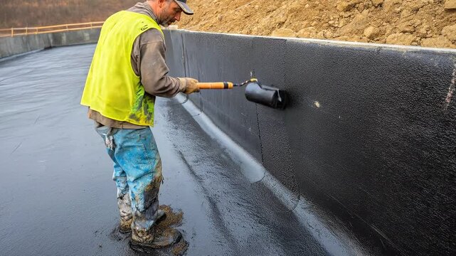 A construction worker applying sealant to a newly paved road surface in a video