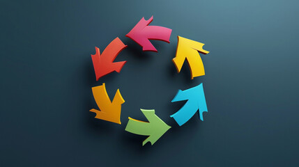 Colorful 3D paper arrows forming circular growth cycle on dark background for business success and teamwork concept