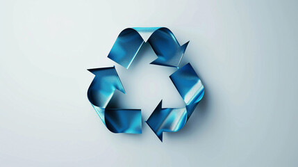 3D recycling symbol icon loop arrow blue metallic glossy isolated on white background sustainable eco-friendly concept