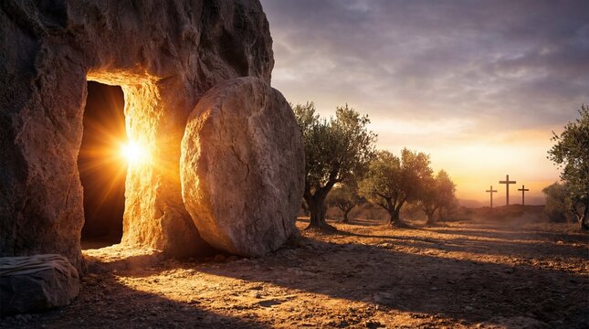 empty tomb with rolled stone and bright light at sunrise. three crosses on hill. jesus christ resurrection concept. christian easter holiday background. banner, website header with copyspace.