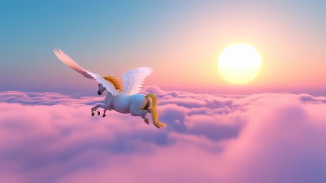 Majestic pegasus soars over cotton candy clouds during a vibrant sunset