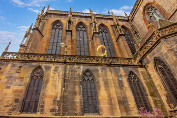 The Eglise Saint Martin Gothic church in Colmar showing detailed stone facade and medieval architectural style.